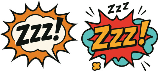 Comic style sleeping sound Zzz typography vector illustration, pop art explosion speech bubble with snooze symbol for rest and nap.