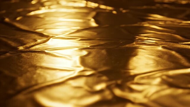 Golden Fabric Texture - A close-up shot showcases the texture of shimmering golden fabric. The light highlights the creases and folds in the material, creating an abstract and luxurious effect.