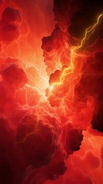 Red fiery clouds forming an interstellar tunnel with bright flashes of electrical lightning, creating a dynamic and powerful cosmic journey through a swirling celestial formation in deep space