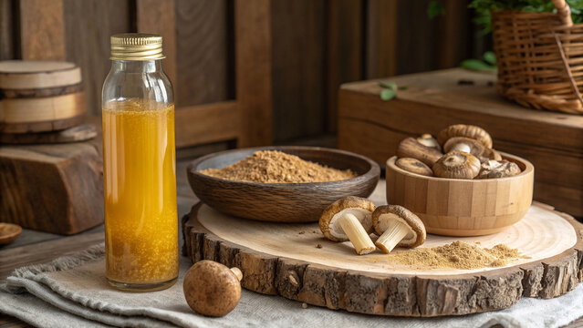 Rustic wood displays modern glass of glowing golden apoptogenic mushroom elixir with powder and shiitake wellness energy aesthetic