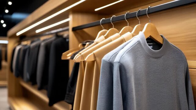 Various clothing items hang neatly on wooden hangers in a well-lit fashion store, featuring a minimalist design with wooden shelves and contemporary lighting fixtures