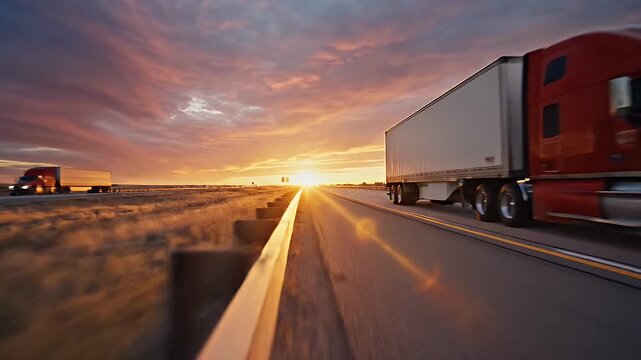 Semi-Truck at Sunset - A red semi-truck travels down a highway at sunset. The scene shows a 60 mph speed limit sign, the truck in motion, and a bright sun setting in the distance.