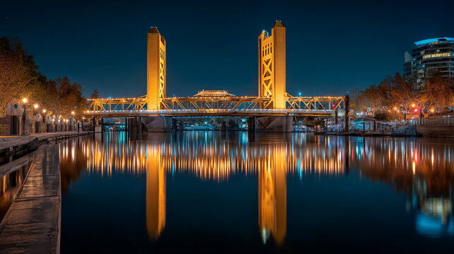 A nighttime view of the illuminated Tower Bridge spanning the Sacramento River in California at dusk