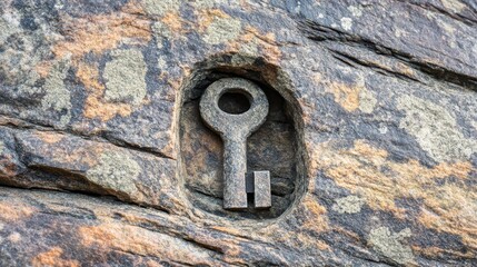 A solitary ancient key carved into a rough unpolished stone surface