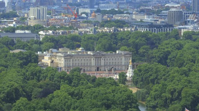Aerial view of Buckingham Palace on a sunny day in London, UK