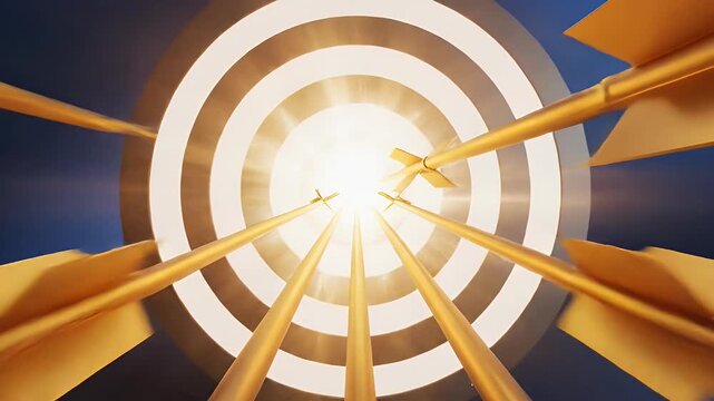 Golden Arrows Hitting Bullseye - This video shows several golden arrows striking a bullseye on a black and white target.