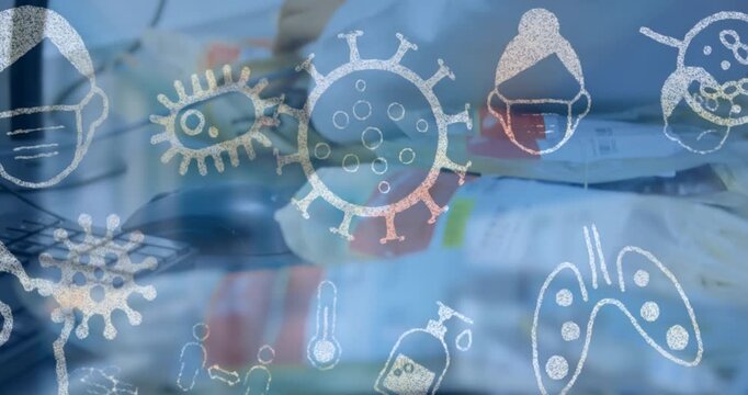 Animation of virus icons over caucasian female scientist in lab
