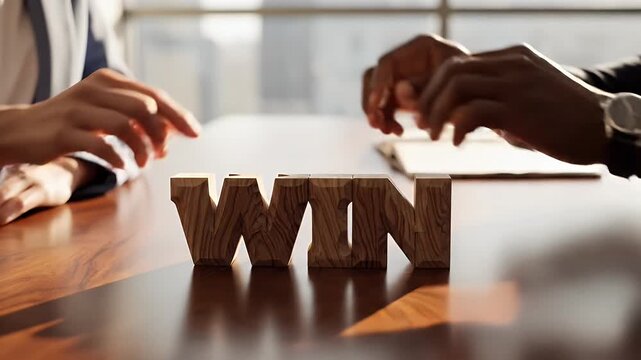 Collaborative Success Concept - Close-up of two diverse business people's hands touching wooden blocks spelling out the word "WIN" on a polished wooden table.