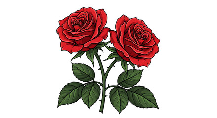 Fototapeta premium A beautifully rendered illustration showcasing two vibrant red roses in full bloom with rich green leaves and stems, symbolizing love, passion, and natural elegance for various design projects