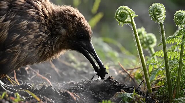 Kiwi bird foraging in misty geothermal soil near New Zealand ferns