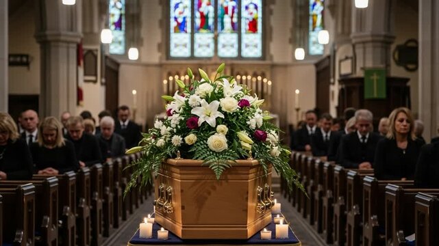 Solemn funeral service in a traditional church with a coffin in the foreground. Mourners dressed in black sitting in pews paying their last respects during a memorial ceremony