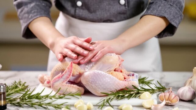 Chef seasoning a raw whole chicken with salt on a kitchen counter, surrounded by garlic and rosemary. Concept of cooking, recipe preparation, food ingredients and culinary process.