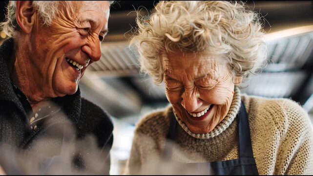 Elderly Couple Shares a Tender Laugh Together While Enjoying a Moment in a Warm Cafe Setting During a Sunny Afternoon
