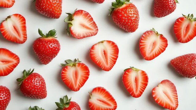 Red ripe strawberries and halves arranged on white surface in a top view. Isolated composition. Concept of fresh fruit, natural food, summer and healthy eating.