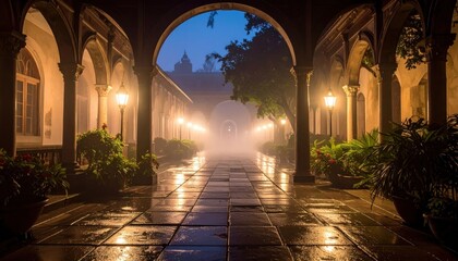Fototapeta premium Mysterious and atmospheric cloister walkway at twilight with glowing lanterns and fog.