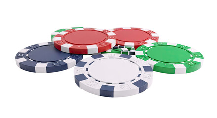 Assortment of Colorful Casino Poker Chips on White Background