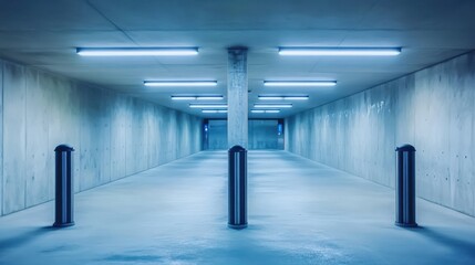 Fototapeta premium A solitary black bollard stands centered within a brightly lit underground concrete parking garage passage with fluorescent lighting overhead