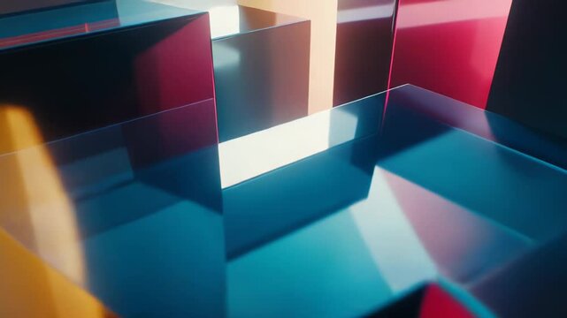 Abstract geometric cubes showcase a modern composition with glossy surfaces reflecting vibrant blue, red and warm light, creating dynamic visual patterns and a sense of depth and connection