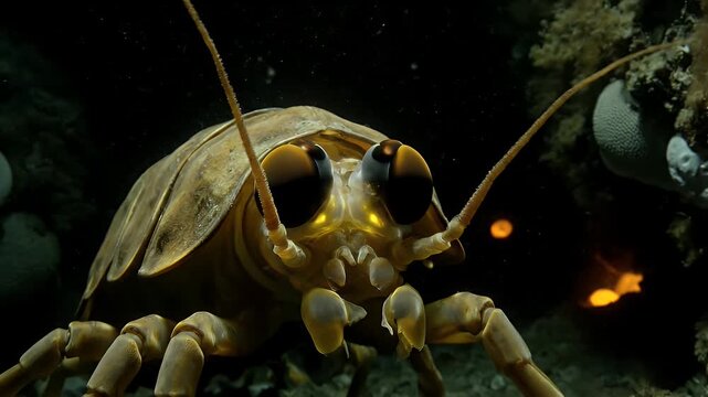 Giant deep sea arthropod with massive black eyes close up