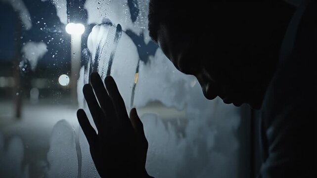 Lonely Man at a Window - A silhouette of a sad or lonely man with his face close to a steamed-up window and hand resting on it. Soft lights are visible through the condensation outside.