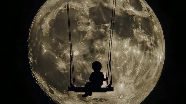 Child on swing gazing at the bright moon in a starry night sky