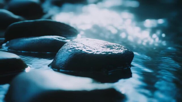 Water flowing downstream over smooth river stones, creating ripples and reflections with soft blue light, representing nature, peace, and clean environment