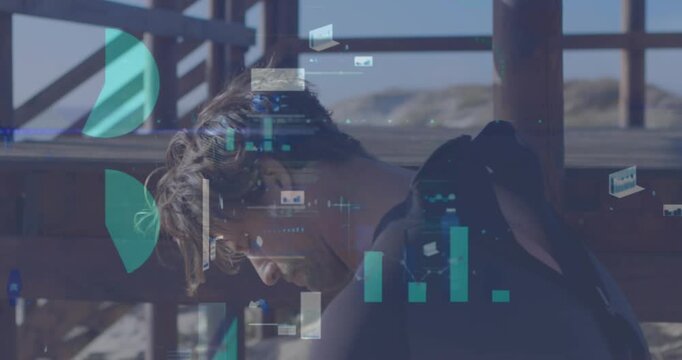 Animation of digital data processing over caucasian surfer