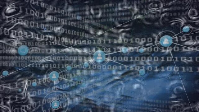 Animation of network of connections, binary code and smoke in black digital space