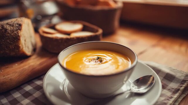 A warm bowl of creamy pumpkin soup, homemade cooking