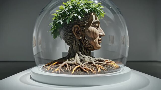 Human Tree Sculpture Under Glass Dome - A captivating art installation features a human head sculpted from tree bark, adorned with lush green leaves, encased within a clear glass dome.