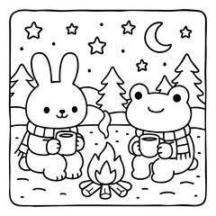 A cute illustration featuring a rabbit and a frog sharing warm drinks by a campfire under a starry night sky.