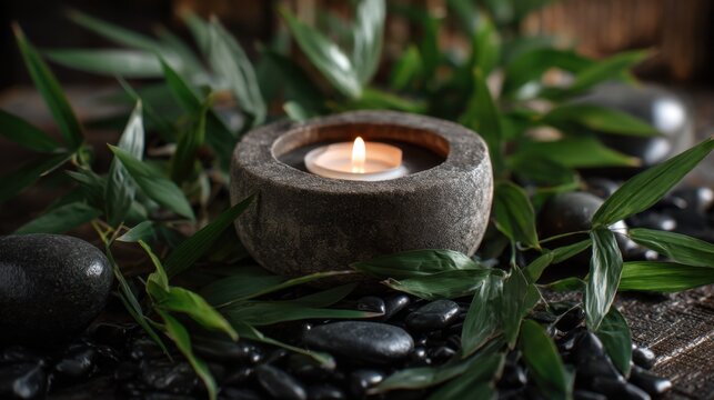 Lit candle in a stone holder surrounded by bamboo leaves and black pebbles. Spa and wellness concept for relaxation and tranquility.