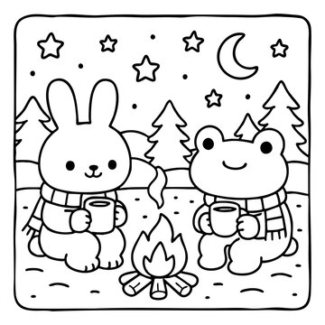 A cute illustration featuring a rabbit and a frog sharing warm drinks by a campfire under a starry night sky.
