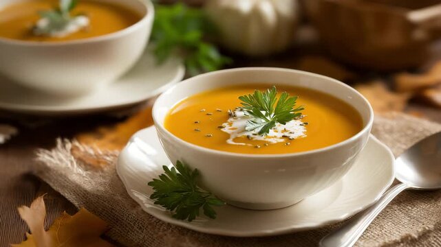 A warm bowl of creamy pumpkin soup, homemade cooking