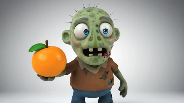 3D Animated Zombie Holding Orange Fruit.