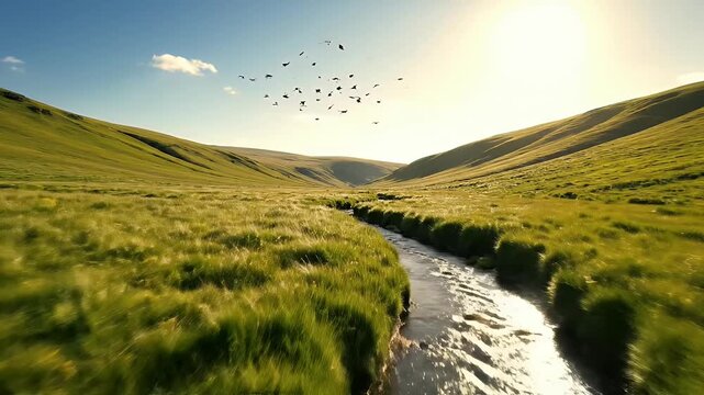 Serene Stream in Green Valley - A small stream meanders through a lush green valley under a bright blue sky. A flock of birds fly overhead, adding to the peaceful and scenic landscape.