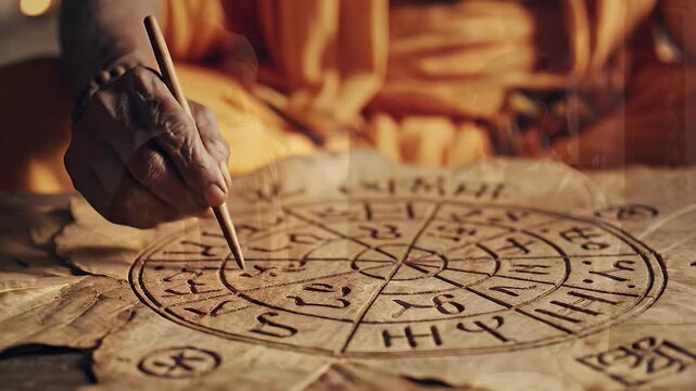 Monk Creating Ancient Script - Close-up shot of a monk's hand using a wooden stylus to create a circular ancient script on aged parchment.