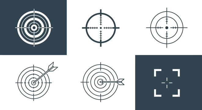 Diverse target icons set for aim precision and focus representing goals and objectives
