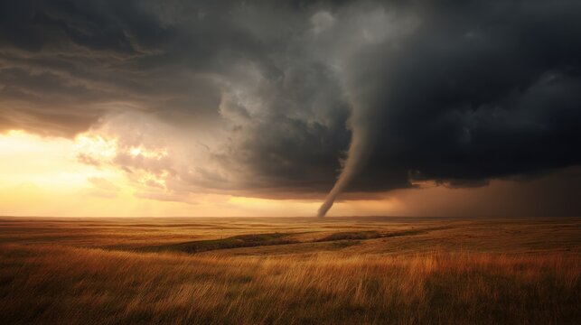 Strong tornado forming in a dramatic dark sky over a vast rural field capturing natural phenomena and natural disaster concept