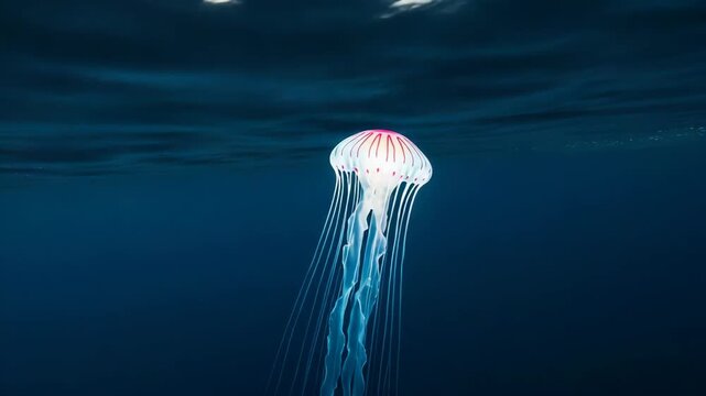 Pink And White Jellyfish With Long Tentacles In Dark Blue Water