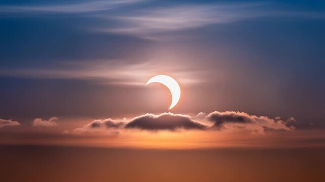 Panoramic sequence of a partial solar eclipse at sunset or sunrise. The moon covers the sun creating a crescent shape against a dramatic cloudy sky with orange light