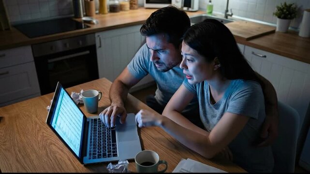 Stressed Couple Reviewing Finances on Laptop