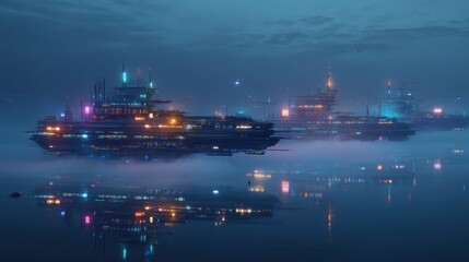Obraz premium Futuristic city with neon lights reflecting on water at dusk. Modern urban landscape with cyberpunk setting for technology concepts.