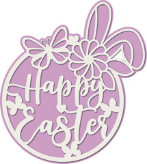 Happy Easter wreath with bunny ears, butterfly and flower, Cake topper layered paper cut, Easter round decoration