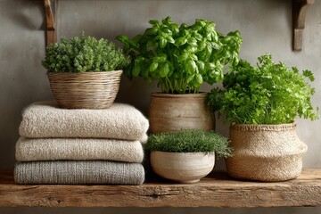 Fototapeta premium Sustainable home interior with houseplants and natural textiles on shelf
