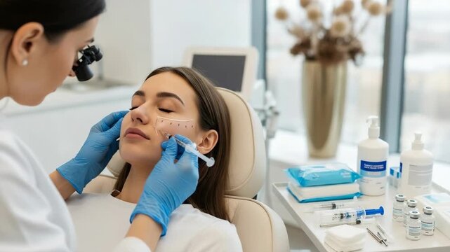Professional cosmetologist giving a facial injection to a young female patient. Cheek augmentation and contouring with dermal fillers. Aesthetic medicine and skin rejuvenation concept
