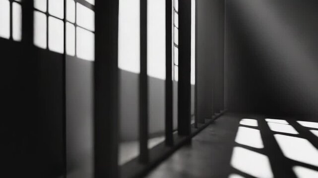 Prison cell interior with barred window casting long geometric shadows on cold concrete floor, stark monochrome contrast evoking confinement, isolation and distant hope