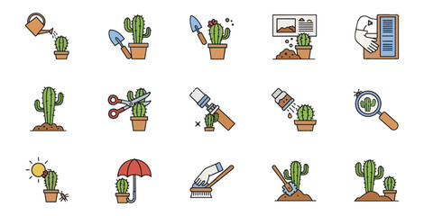 Cactus icon set gardening tools and activities