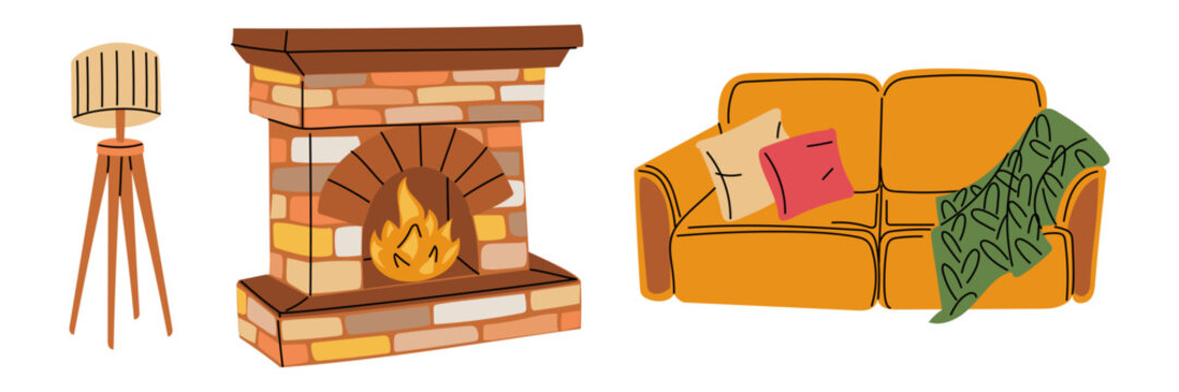 set of flat color images for home interior with brick fireplace, sofa, and floor lamp. Catalogs of cozy furniture for the living room, housewarming cards, textile prints, or graphic design projects.