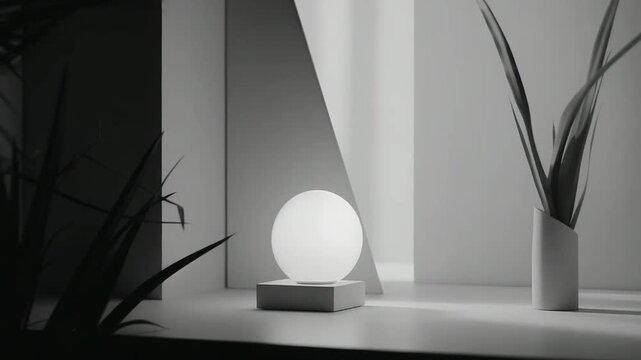 Spherical lamp centered on a simple square base, creating a calm and minimalist atmosphere within a modern interior, featuring subtle shadows and abstract plant elements on a light surface